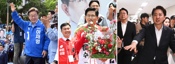 21일 (왼쪽부터)더불어민주당 이재명 대선 후보가 인천 부평역 북광장에서, 국민의힘 김문수 대선 후보가 고양시 화정역 광장에서 유세를 하고 있다. 개혁신당 이준석 대선 후보가 성남시의료원을 방문하고 있다. 2025.5.21 /조재현·이지훈기자 jhc@kyeongin.com