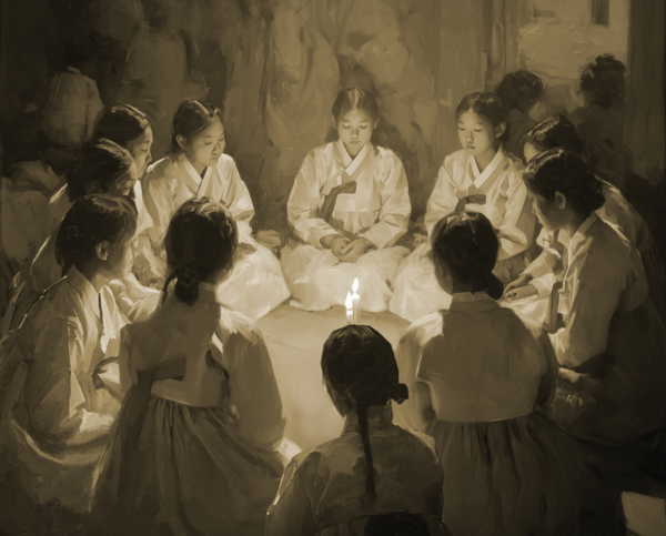 1919년 3월2일 밤, 이화학당 기숙사. 만세운동을 앞두고 회의를 벌이는 11명의 여성들의 모습을 재현한 장면. 신문조서에 등장하는 11명의 여성은 이날 자정 무렵까지 머물며 독립운동 참여와 자금 마련을 논의한 것으로 기록돼 있다. AI를 활용해 재구성.  일러스트/박성현기자 pssh0911@kyeongin.com·미드저니 이미지 재가공