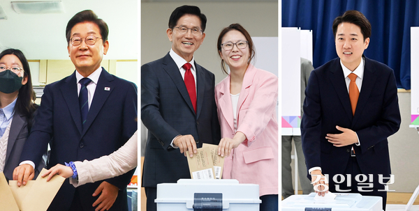 제21대 대통령선거 사전투표 첫날인 29일 (왼쪽부터) 더불어민주당 이재명 후보가 서울 서대문구 신촌동 주민센터에서, 국민의힘 김문수 후보가 인천 계양구 계양1동 주민센터에서, 개혁신당 이준석 후보가 화성시 동탄9동 행정복지센터에서 각각 사전투표를 하고 있다. 2025.5.29 /이지훈기자 jhlee@kyeongin.com·사진공동취재단·연합뉴스