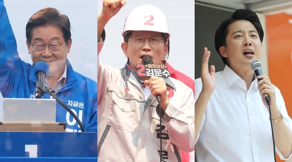 (왼쪽부터)서울 어린이대공원 앞에서 지지자들에게 인사하는 더불어민주당 이재명 후보, 경남 창원 상남동 분수광장에서 유세를 펼치는 국민의힘 김문수 후보, 서울 경의선숲길공원을 찾아 연설하는 개혁신당 이준석 후보. /연합뉴스