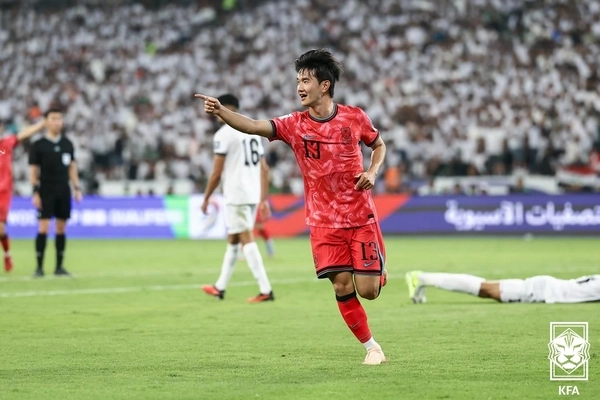 6일(한국시간) 이라크 바스라국제경기장에서 열린 2026 FIFA 북중미 월드컵 3차예선 한국 대 이라크의 경기. 한국 김진규가 골을 넣고 기뻐하고 있다. 2025.6.6 /대한축구협회 제공