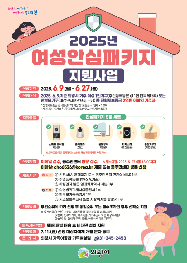 의왕시가 오는 27일까지 ‘2025년 여성 1인가구 안심패키지 지원사업’ 추진을 위한 신청을 받는다./의왕시 제공
