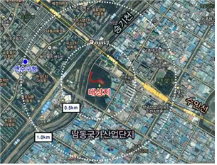 남동구 고잔동 월례근린공원 내 추진 중인 닥터헬기 계류장 위치. 반경 500m 이내에 연수구 지역 아파트 단지 일부가 포함된다. /인천시 제공