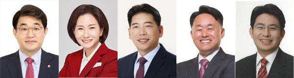 차기 인천시당위원장 후보군. 왼쪽부터 배준영 중구강화군옹진군 당협위원장, 이행숙 서구병 당협위원장, 유제홍 부평구갑 당협위원장, 심재돈 동구미추홀구갑 당협위원장, 박종진 서구을 당협위원장. /국민의힘 제공