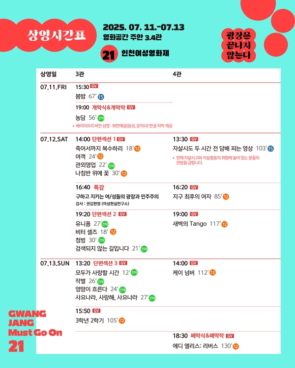 제21회 인천여성영화제 상영 시간표.