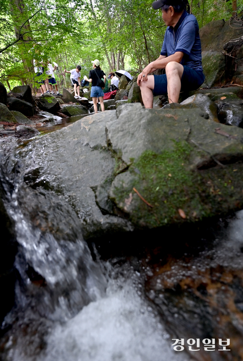 장마가 끝나고 무더위가 다시 시작된 21일 인천대공원을 찾은 시민들이 계곡에 발을 담그며 더위를 피하고 있다. 2025.7.21 /김용국기자 yong@kyeongin.com