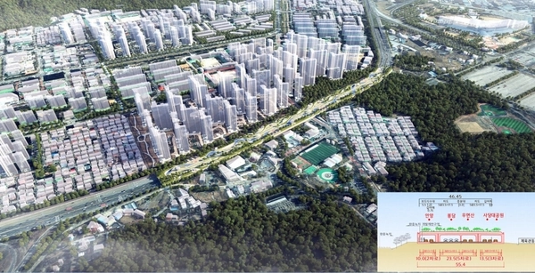 22일 과천시민회관에서 개최된 ‘과천, 미래 도시개발 방향과 전략 정책 토론회’에서 이태옥 과천미래100년 자문위원이 소개한 ‘과천대로 입체개발계획 조감도’.  /과천시의회 제공