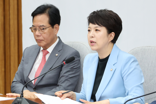 국민의힘 김은혜(성남 분당을) 원내정책수석부대표가 3일 이재명 정부의 경제·노동 정책을 비판했다. 사진은 지난 6월 20일 원내대책회의에서 발언 중인 김 수석부대표(오른쪽)의 모습. 2025.6.20 /연합뉴스