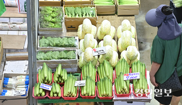 폭염·폭우 등 이상 기후에 장바구니 물가가 들썩이고 있다. 사진은 5일 인천 남동구 남촌농산물도매시장에서 물건을 고르고 있는 시민들의 모습. 2025.8.5 /조재현기자 jhc@kyeongin.com