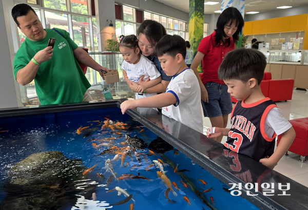 최근 무더위가 이어지는 가운데 여름 휴가와 방학을 맞은 시민들이 가족과 함께 양주지역 한 실내 자연학습장을 찾아 동물들을 구경하며 즐거운 한때를 보내고 있다. 2025.8.5 양주/최재훈기자 cjh@kyeongin.com