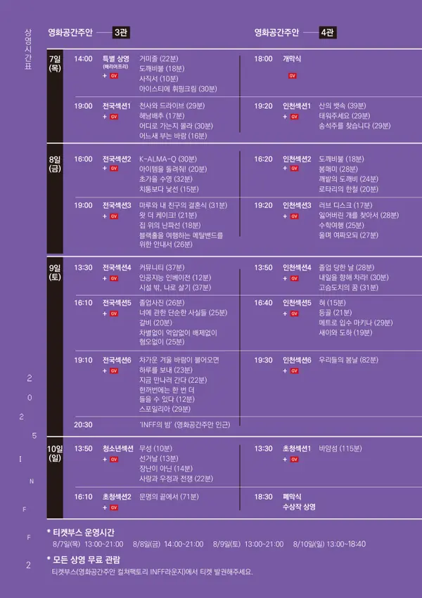 12회 인천독립영화제 상영 시간표