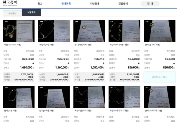 한국공매 홈페이지에 올라온 지난해 경기도 지방세 체납자 압류물품 공매 낙찰결과. 2025.8.21 /한국공매 홈페이지 화면 캡처