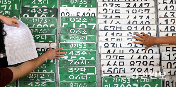 2025년 3분기 경기도 합동 체납 차량 일제 단속의 날인 26일 오전 의왕시청에서 징수과 직원들이 영치한 번호판을 정리하고 있다. 2025.8.26 /최은성기자 ces7198@kyeongin.com