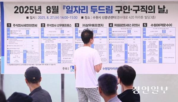 27일 오후 수원시 팔달구 신중년센터에서 열린 ‘중장년 일자리 두드림 구인구직의 날’행사에서 구직자들이 면접을 보기 위해 대기하고 있다. 2025.8.27 /최은성기자 ces7198@kyeongin.com