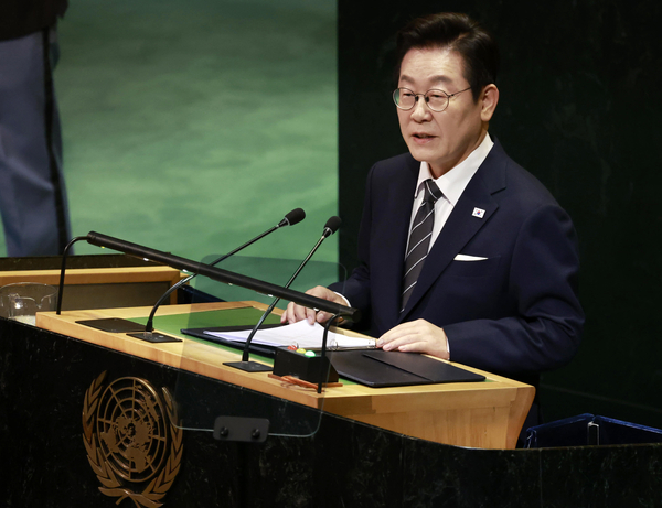 이재명 대통령이 23일(현지시간) 미국 뉴욕 유엔본부 총회장에서 기조연설을 하고 있다. 2025.9.24 /연합뉴스