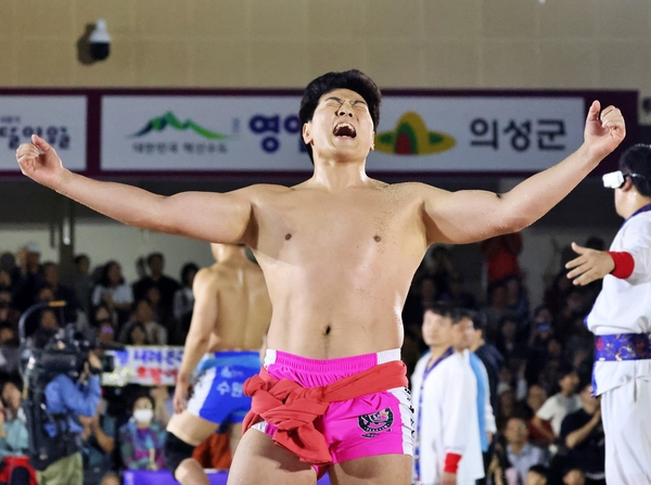 영암군민속씨름단 최정만이 6일 울산 울주종합체육센터에서 열린 위더스제약 2025 울주추석장사씨름대회 금강장사 결정전에서 김기수(수원특례시청)를 3-2로 꺾고 우승을 차지한 뒤 환호하고 있다. 2025.10.6 /대한씨름협회 제공