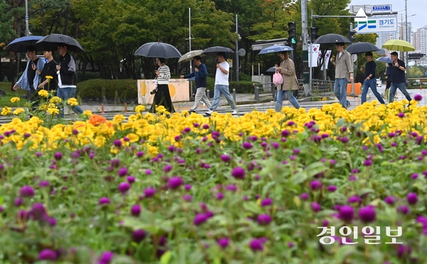 가을비가 내린 13일 수원시 영통구청사거리 횡단보도에서 우산을 쓴 시민들이 발걸음을 옮기고 있다. 2025.10.13 /최은성기자 ces7198@kyeongin.com