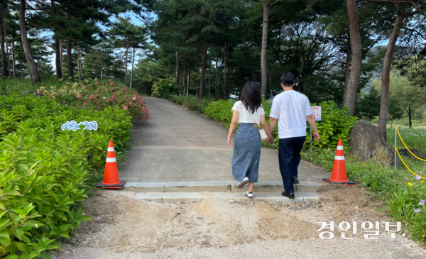 가평군 자라섬 내 수국동산 진입로에 설치된 경계석으로 인해 휠체어 등을 이용하는 관광·보행 약자들이 통행에 불편을 겪고 있다. 방문객들이 남쪽 진입로 경계석을 오르고 있다. 가평/김민수기자 kms@kyeongin.com