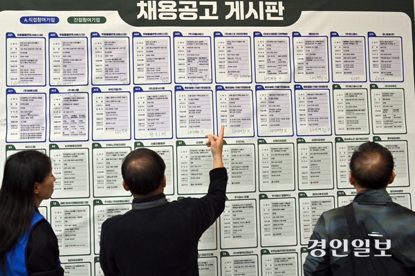 15일 2025 소상공인 일자리 박람회가 열린 인천지방중소벤처기업청에서 구직자들이 채용공고 게시판을 보고 있다. 2025.10.15 /김용국기자 yong@kyeongin.com