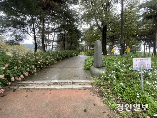 가평군 자라섬 내 수국동산 진입로에 설치된 경계석으로 인해 휠체어 등을 이용하는 관관 약자들이 통행에 불편을 겪고 있다. 2025.10.15 가평/김민수기자 kms@kyeongin.com