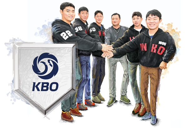 지난달 열린 ‘2026 KBO 신인 드래프트’에서 프로 구단에 지명을 받은 인천고등학교 야구부 박준성(사진 왼쪽부터), 이서준, 김지석, 계기범 감독, 한준희, 이태양. /김용국기자 yong@kyeongin.com, 그래픽/박성현기자 pssh0911@kyeongin.com