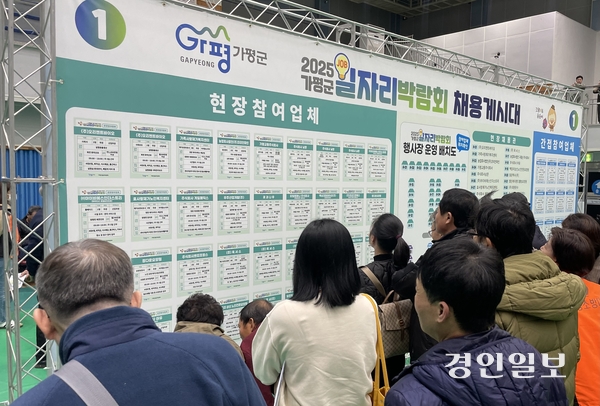 31일 가평군 한석봉체육관서 열린 ‘2025 가평군 일자리 박람회’를 찾은 구직인들이 채용 게시대 등을 둘러보고 있다. 이번 일자리 박람회에는 (주)오리엔트바이오, 가평교통주식회사, 주식회사 녹선, 가족사랑재가복지센터, 농업회사법인(주)코리안 파인 등 현장 직접 참여 30개 업체와 취업연계 간접 참여 20개 업체 등 총 50개 업체가 참여했다. 또 박람회장에는 직업적성검사, 이력서 사진 촬영, 노무법률상담부터 근로복지공단, 일자리재단, 경기북부노동인권센터 등의 취업지원 부스도 마련됐다. 2025.10.31가평/김민수기자 kms@kyeongin.com