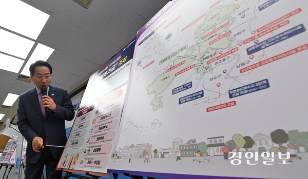 인천시가 지방자치법 제159조를 근거로 추진 중인 ‘천원행복기금’ 설치가 관련 법률에 위배될 여지가 있어 보인다. 사진은 지난 4일 유정복 인천시장이 ‘인천광역시 2026년 예산안 설명회’에서 내년도 예산안을 설명하고 있는 모습. 2025.11.04 /조재현기자 jhc@kyeongin.com