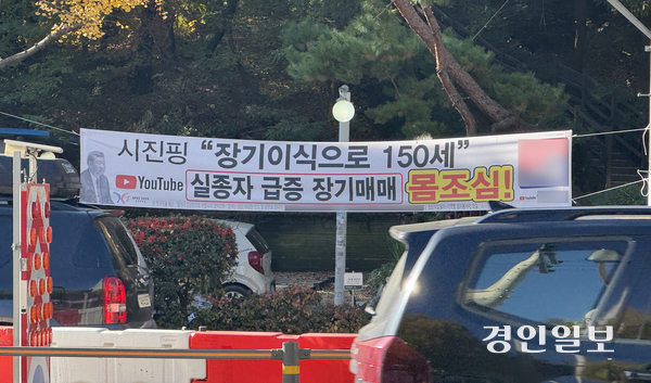 14일 수원시 영통구 아주대학교 인근 차도 한 가운데 걸린 현수막. 2025.11.14 /마주영기자 mango@kyeongin.com