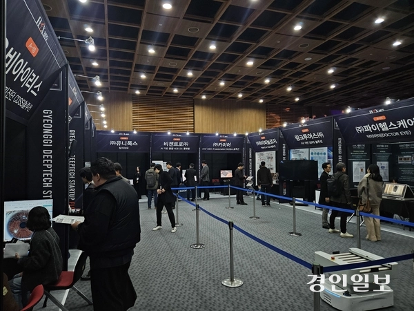 경기 딥테크 스타트업 FLEX 2025 참가자들이 경기도 AI 스타트업 소개 부스를 살펴보고 있다.2025.11.27 /김지원기자 zone@kyeongin.com
