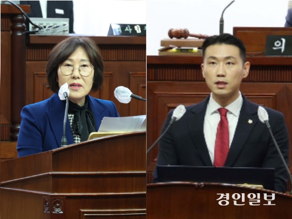 군포시의회 더불어민주당 신금자 의원(왼쪽)과 국민의힘 박상현 의원이 각각 이달 열린 임시회 본회의 신상발언에서 서로를 향해 날을 세우고 있다. /군포시의회 제공