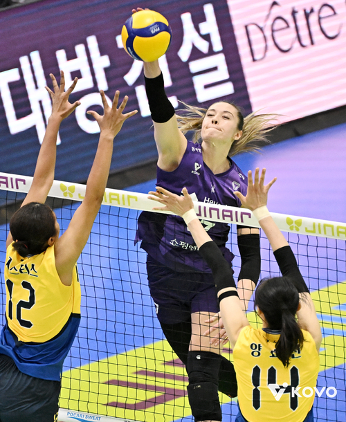 지난달 29일 V리그 여자부 현대건설을 상대로 승리를 거둔 인천 흥국생명 핑크스파이더스의 레베카 라셈. 2025.11.29 /KOVO 제공