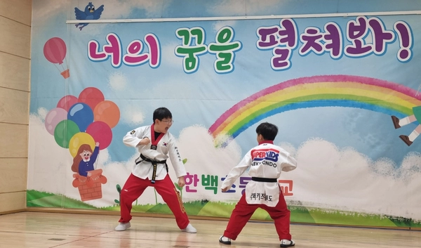 한백초 학생들이 ‘꿈의 무대’에서 태권도를 선보이고 있다. /한백초 제공