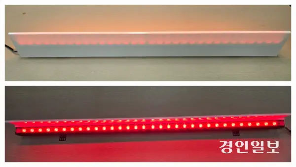 아이디어플러스(주)가 개발한 ‘LED 라인 투광등’ 제품의 양방향 모습. 기술닥터 사업을 통해 발광휘도를 낮추고, 양방향 바이저 탈부착 구조를 설계 및 적용했다. 2025.11.26 /김태강 기자 think@kyeongin.com