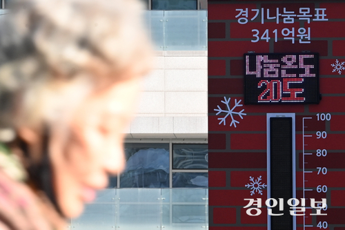 22일 수원시 영통구 경기도청 광장에 설치된 경기사랑의열매 사랑의 온도탑에 나눔온도가 20도로 표시되고 있다. 경기지역 나눔 목표 모금액은 341억 원이며 모금은 내년 1월 31일까지 진행된다. 2025.12.22 /최은성기자 ces7198@kyeongin.com