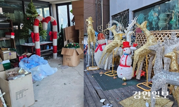 수원의 한 조경업체에서 크리스마스 트리 설치 및 조명 연출 서비스를 제공하고 있다. 2025.12.22 /김지원기자 zone@kyeongin.com