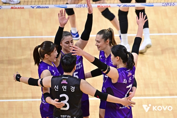 인천 흥국생명 핑크스파이더스가 지난 9일 광주페퍼스타디움에서  열린 페퍼저축은행 원정 경기를 치르고 있다. /KOVO 제공