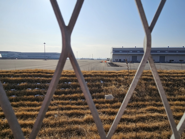 평택항 국제여객터미널(왼쪽)과 여객 부두 가동 멈춤의 한 원인이 되고 있는 장치장(오른쪽·미준공)이 철제 그물 멀리 보이고 있다. 2026.2.4 평택/김종호기자 kikjh@kyeongin.com