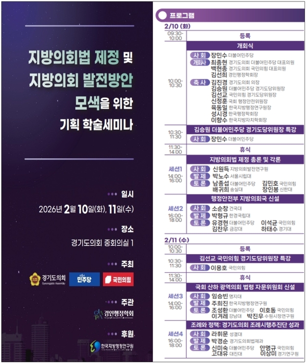 도의회는 오는 10~11일 이틀간 도의회 중회의실에서 ‘지방의회법 제정 및 지방의회 발전방향 모색을 위한 기획 학술 세미나’를 개최한다. /경기도의회 제공