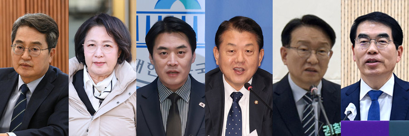 사진 왼쪽부터 김동연, 추미애, 한준호, 김병주, 권칠승 의원, 양기대 전 의원. /경인일보DB·연합뉴스