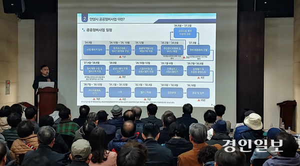 지난달 28일 안양박물관 교육관에서 ‘안양박물관 주변지역 공공재개발사업 주민설명회’에서 안양도시공사 관계자가 사업 추진 과정 및 일정을 설명하고 있다. 2026.2.28  안양/박상일기자 metro@kyeongin.com