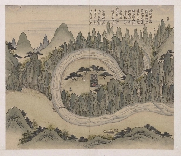 ‘월중도’ 8폭 중 단종의 유배지 청령포를 묘사한 진경산수화 ‘청령포도’(淸泠浦圖). 출처/한국학중앙연구원 장서각 소장