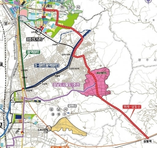 ‘위례~삼동선’ 예상 노선도(빨간색). /성남시 제공