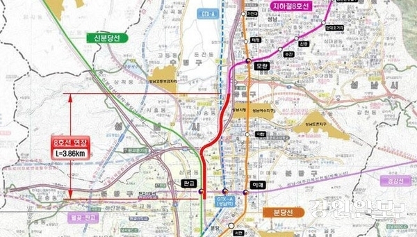 지하철 8호선 판교 연장 예상 노선도. /성남시 제공