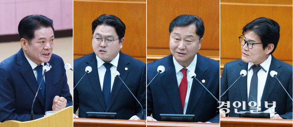 9일 열린 안양시의회 제309회 임시회 제1차 본회의에서 (왼쪽 두번째부터)채진기·김정중·정완기 의원의 시정질문에 최대호(왼쪽 첫번째) 시장이 답변하고 있다. 2026.3.9 안양/박상일기자 metro@kyeongin.com