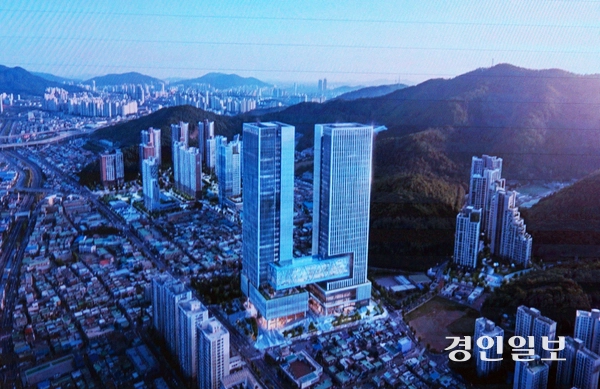 9일 열린 안양시의회 제309회 임시회 제1차 본회의 시정질문에서 정완기 의원이 제시한 옛 농림축산검역본부 부지 개발 조감도. 2026.3.9 안양/박상일기자 metro@kyeongin.com