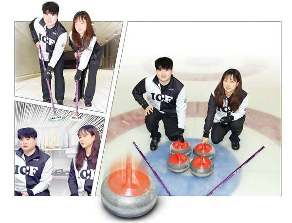 제107회 전국동계체전에서 동메달을 딴 인천 컬링 믹스더블팀 김병찬, 이수빈이 포즈를 취하고 있다. /김용국기자 yong@kyeongin.com, 그래픽/박성현기자 pssh0911@kyeongin.com/클립아트코리아