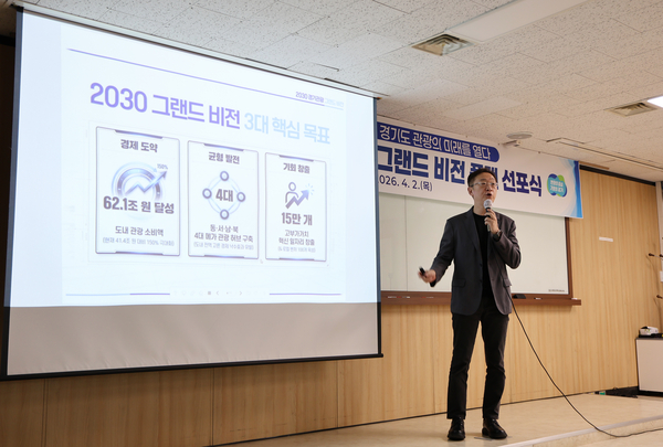 이동렬 경기관광공사 관광사업본부장이 2030년까지 관광 산업을 도의 핵심 성장 동력으로 육성하기 위한 ‘2030 경기관광 그랜드 비전’ 선포에 대한 발표를 하고 있다. /경기관광공사 제공