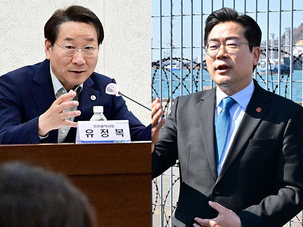 유정복 인천시장과 더불어민주당 박찬대(연수구갑) 국회의원이 8일 인천 내항 재개발 현안을 두고 맞붙었다. 사진은 이날 시청 영상회의실에서 ‘2026년 제1차 양성평등위원회’ 회의를 주재한 유 시장(왼쪽)과 인천 중구 상상플랫폼을 방문한 박 의원의 모습. /김희연기자 khy@kyeongin.com·인천시 제공