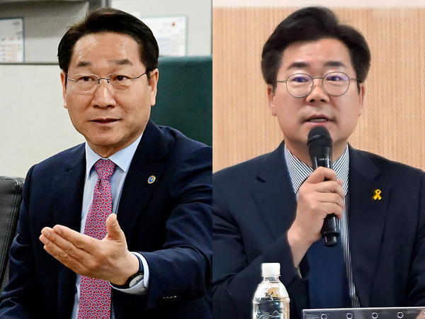 사진은 지난 13일 시청 출입기자단을 만나 지역 현안을 설명하고 있는 유정복 시장(왼쪽)과 인천사회복지회관에서 열린 ‘민주당 전국장애인위원회 인천지역 간담회’에 참석한 박찬대 의원. 2026.4.13 /인천시, 박찬대 의원실 제공