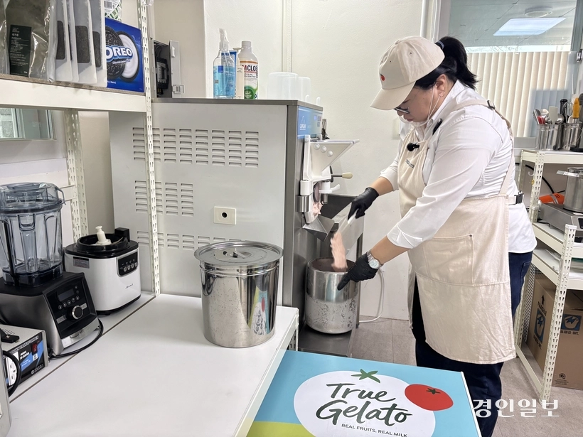 광주 트루젤라또는 광주 퇴촌 토마토 등 광주 특산물을 활용해 젤라또를 만든다. 사진은 젤라또를 만들고 있는 구진희 트루젤라또 대표 모습./신현정 기자 god@kyeongin.com